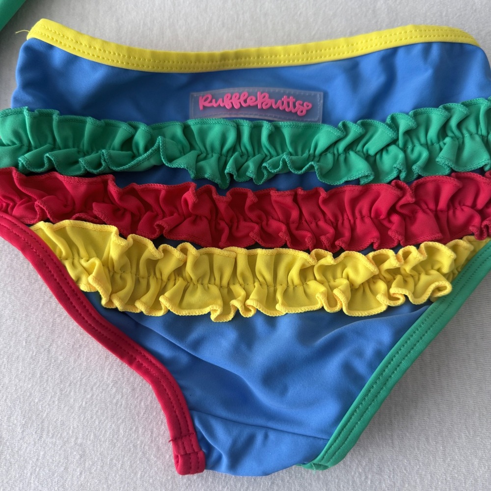 RuffleButts Rash Guard Swimsuit Kids 4T Colorblock Ruffle 2 Piece Set Primary - Picture 2 of 7